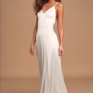 Lulu’s Luxe Living Ivory Satin Backless Maxi Dress